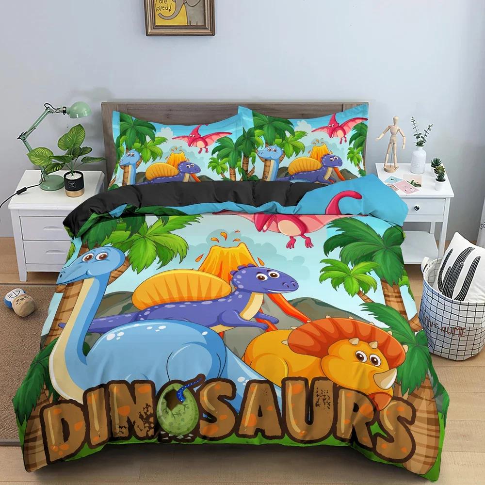 Cartoon Dinosaur Pattern Animal Comfortable Duvet Quilt Cover Pillowcase Bedding Set Children Bedroom Decoration Home Textile