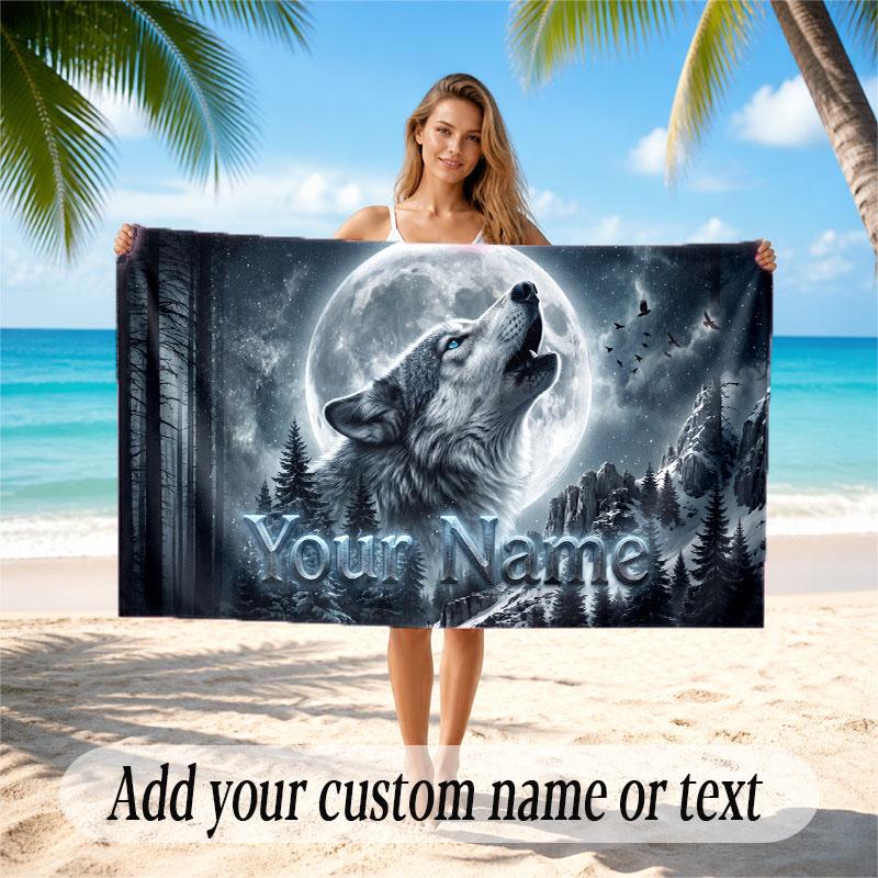 Wolf Theme Beach Towel Personalized Custom Name & Text Soft Quick Dry Beach Towel for Swimming Travel