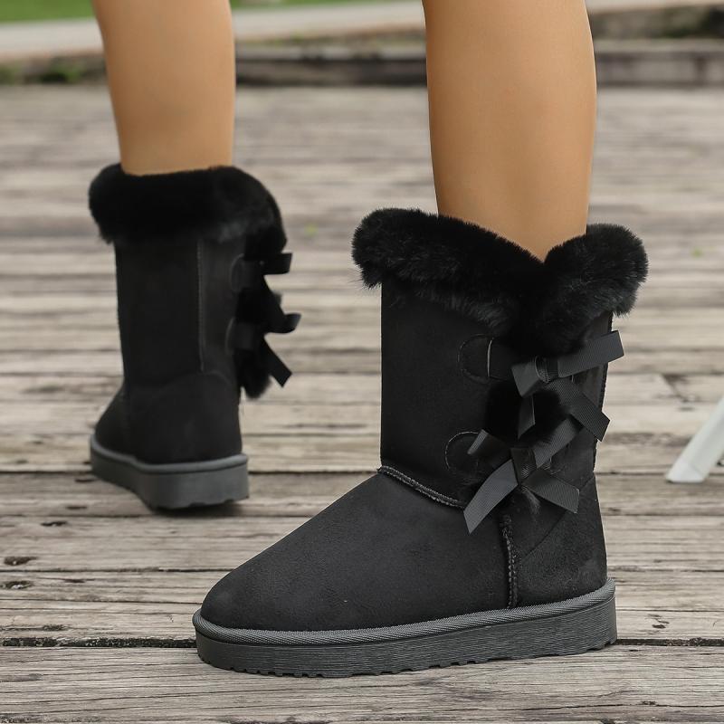 Fashion Sweet Bowknot Decoration Mid Calf Snow Boots Women 2025 Winter Round Toe Thick Bottom Fur Boots Warmshort Plush Non Slip Botas