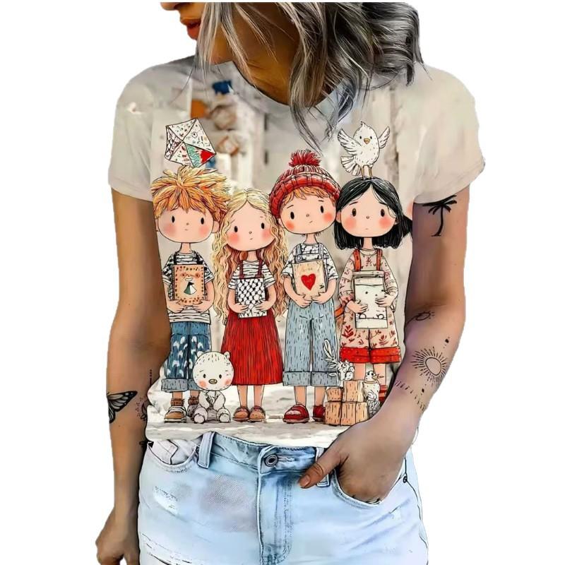 Fashion Printed Women s Short Sleeve Casual Loose Top Crew Neck T-Shirts Women’s XS