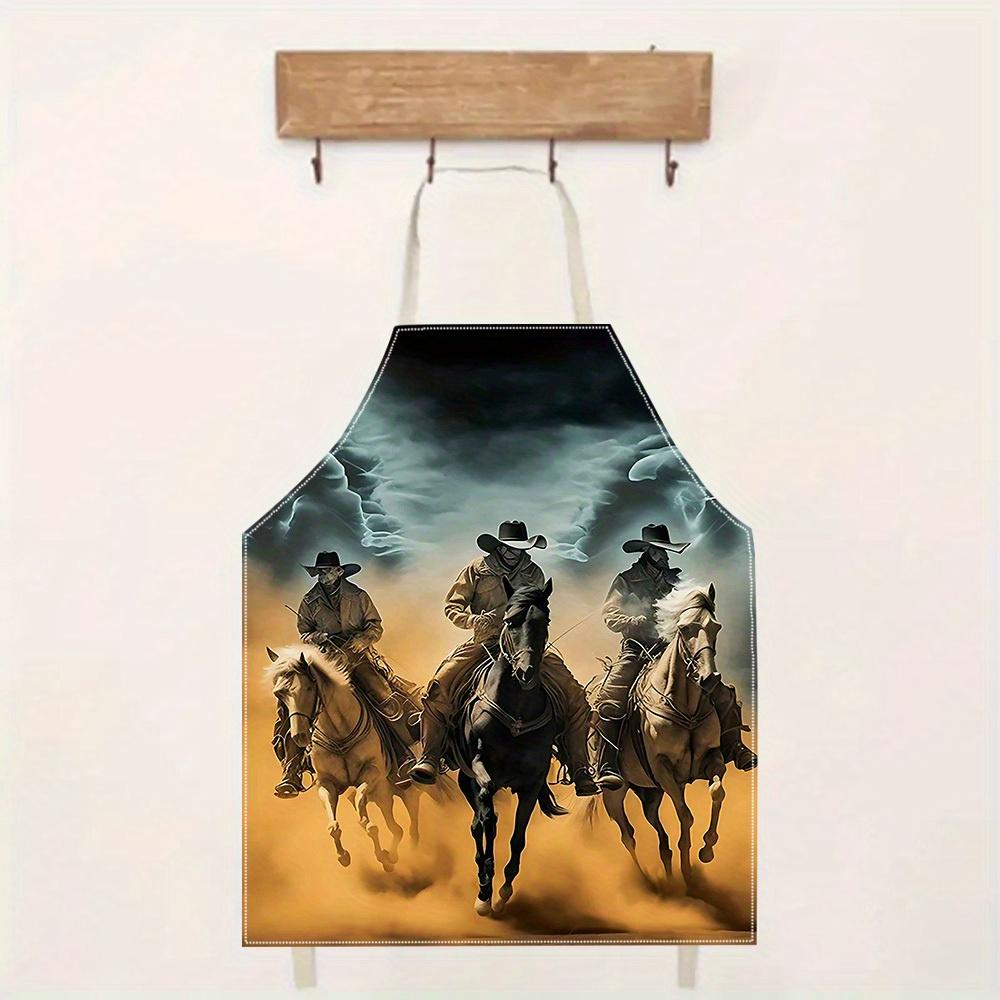 1pc Cowboy Horse Riding Apron Linen Western Theme Kitchen Cooking Baking Smock Adult Chef Gift Men Women Ranch Art Design