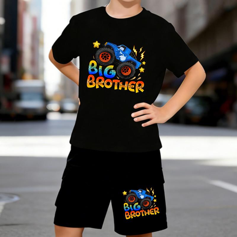 

Boys 2 Piece Cartoon monster truck printed outfit, Short Sleeve T-Shirt and Shorts Set for Kids Age 5-14,Black,White Sporty Casual Summer Clothes 5-6 Years чёрный
