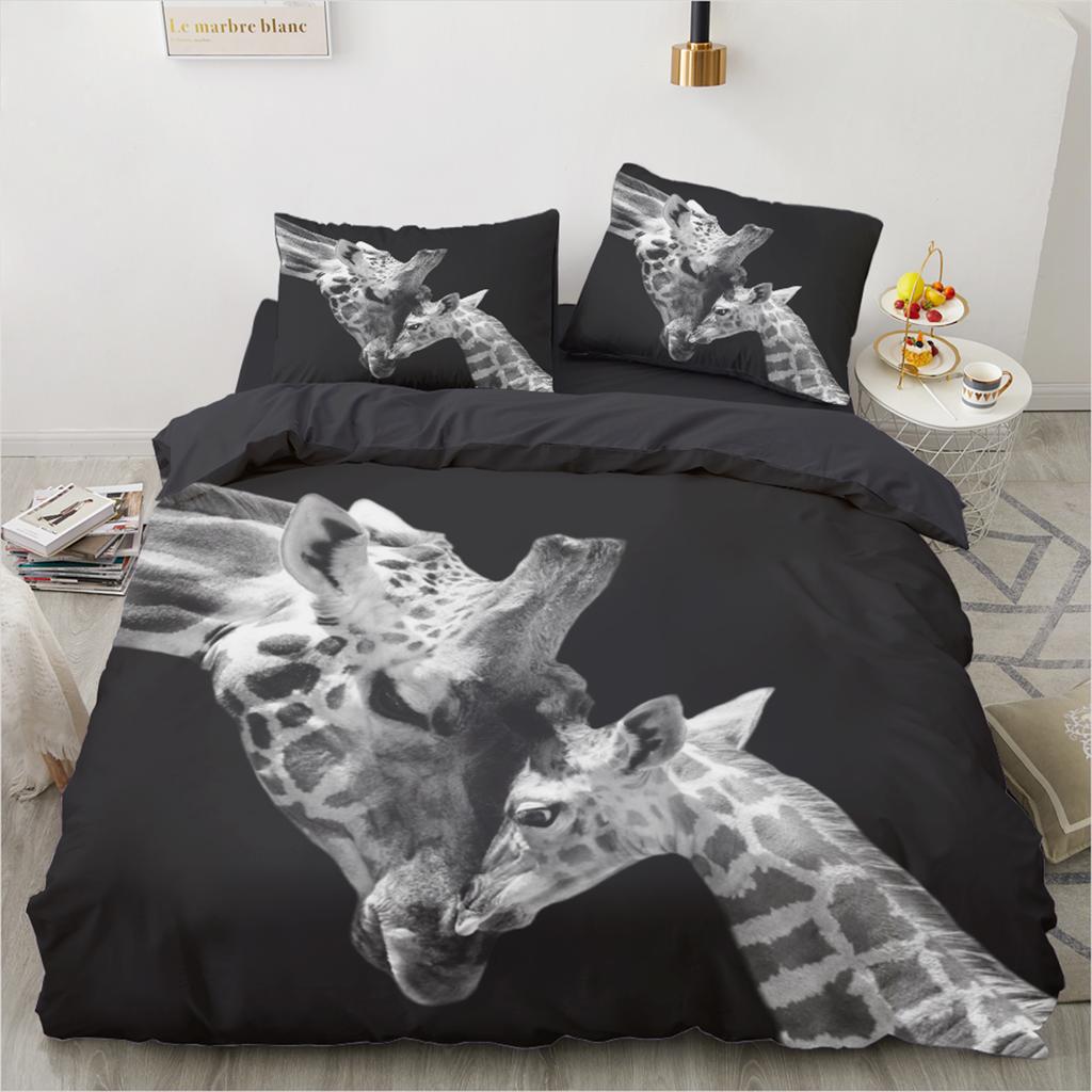 3D Animal Bedding Set - Giraffes Mountains Grassland Quilt Cover Twin/King Size, 2/3PCS Soft Polyester Bed Linen, Durable & Fade