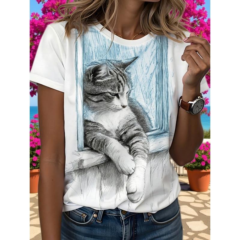 Funny Women's Cat Graphics T-Shirt Cute 3D Print Tees Fashion Tops Short Sleeves O-Neck T-Shirts Street Summer Woman Clothing