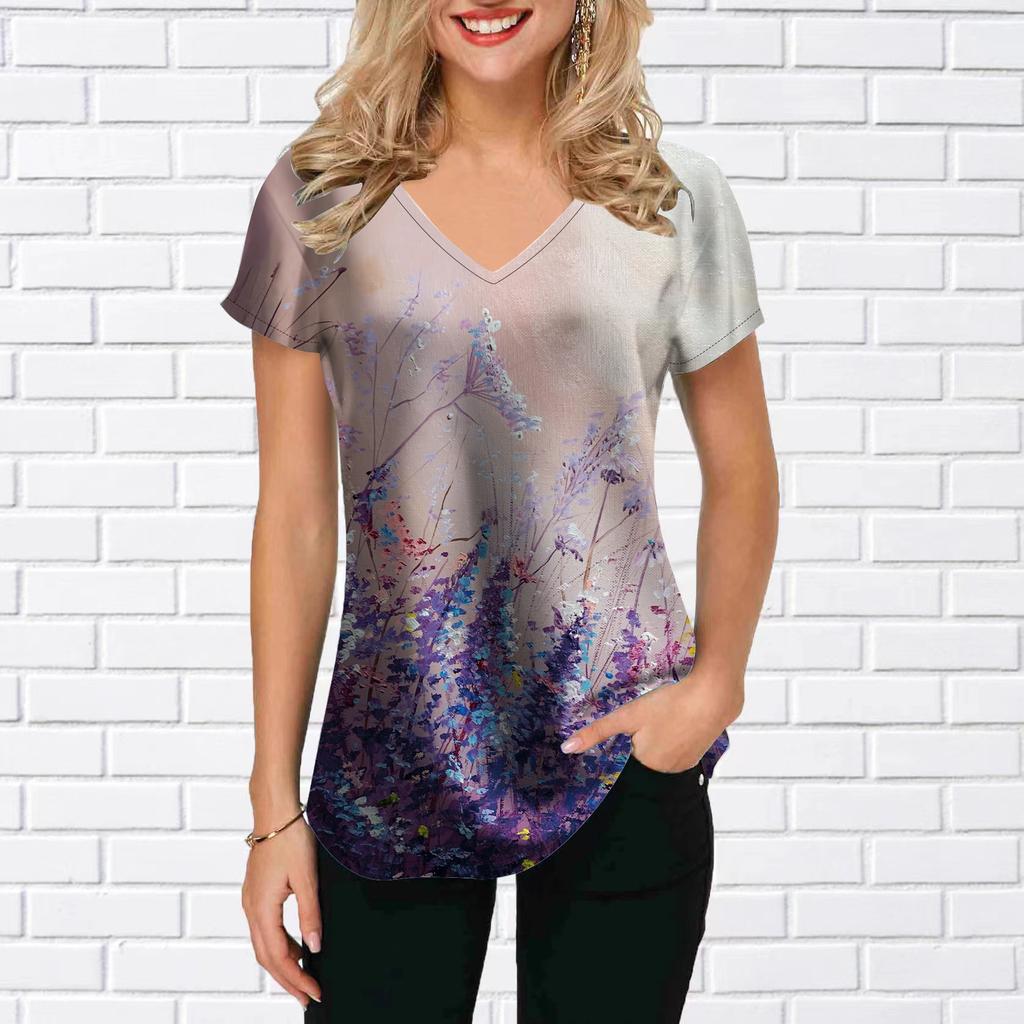 Women's V-Neck Short Sleeve Sunflower Pink Flower Sea Printed Tops Loose T-Shirt Casual Blouse