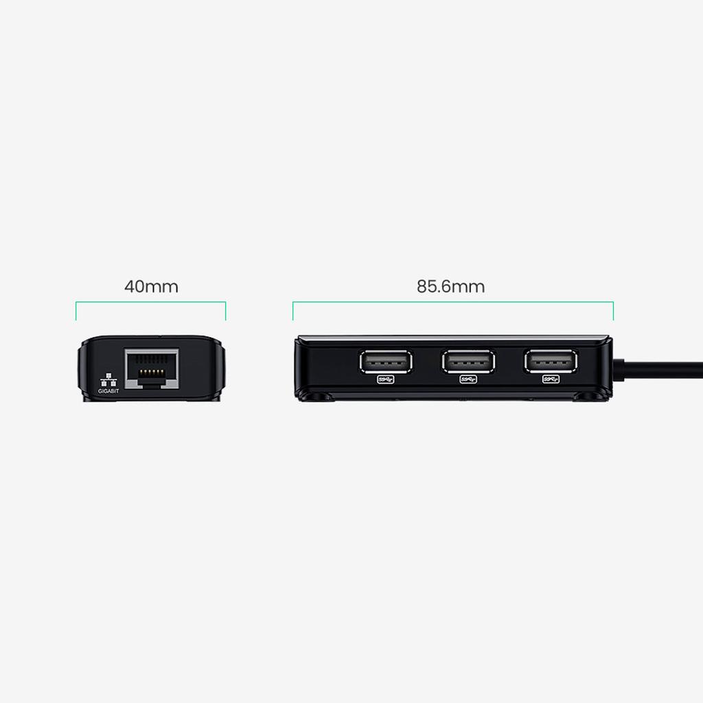 Ugreen USB-A to RJ45 Ethernet Adapter with 3-Port USB 2.0 Hub, 10/100Mbps Speed, Black Finish