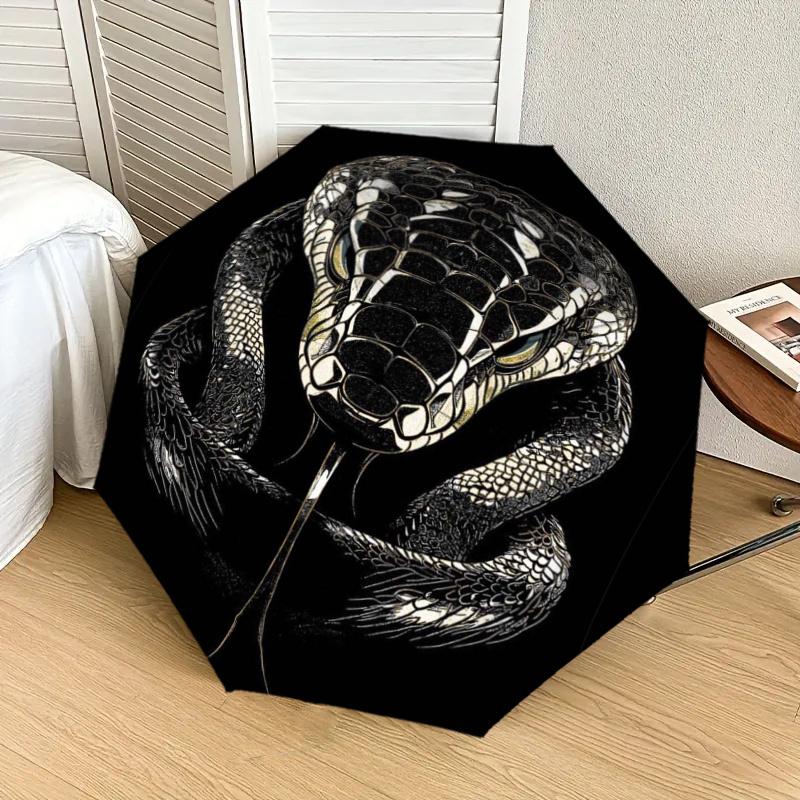 Black and White Snake Head Print Automatic Opening Folding Umbrella with 8-Bone Iron Frame - Perfect for Fans, Travelers, Daily Use, and Fes