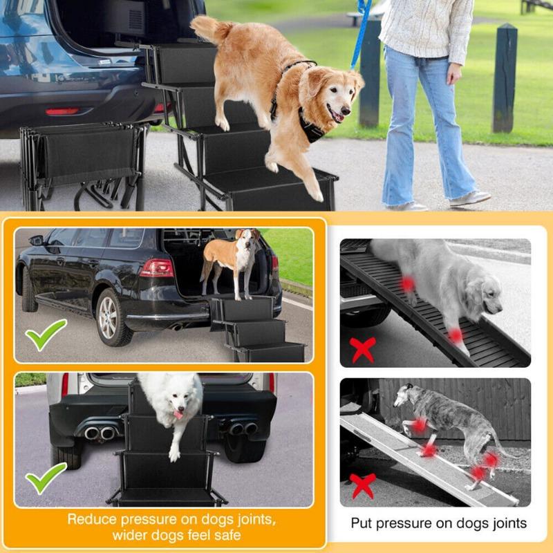 4 Steps Dog Stair Portable Folding Dog Ramps for Car SUV Truck Anti-slip Durable Die-cast Metal Pet Ramp Steps Ladder with Strap