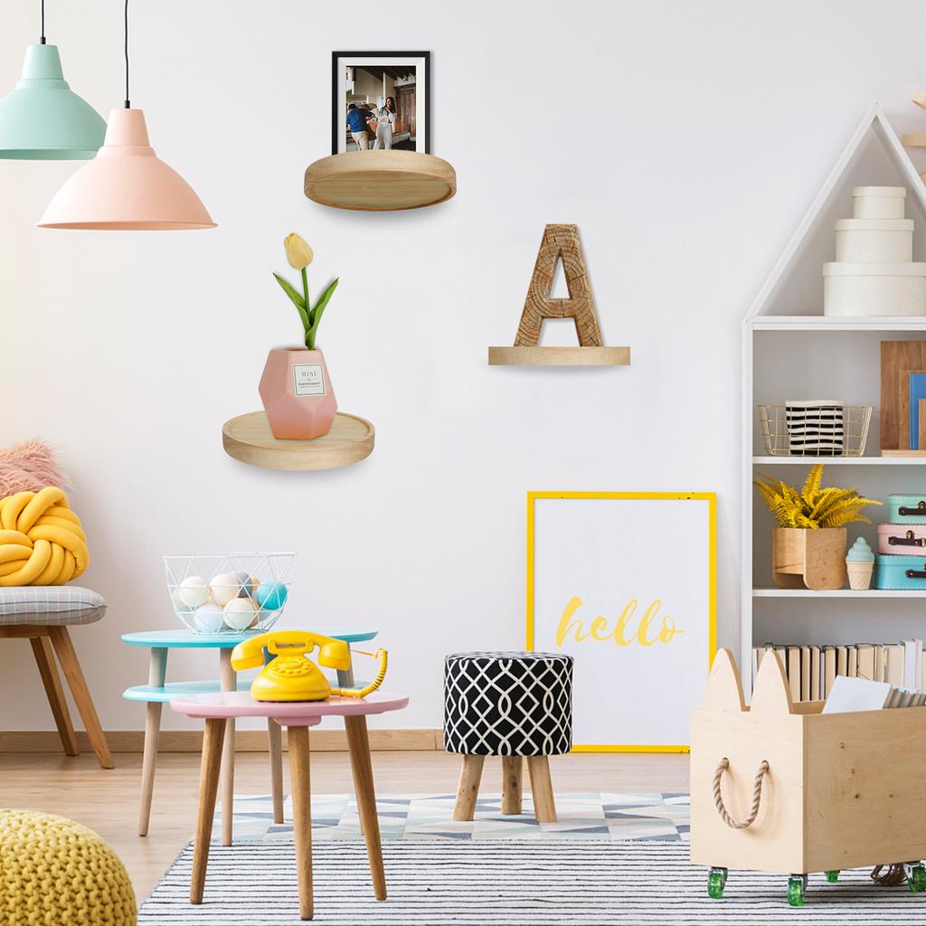 3/6 Stück Wandregal Set Eichenholz Rund Hängeregal Wanddeko Set Wandmontiertes Ausstellungs-Wandregal für Schlafzimmer Wohnzimmer