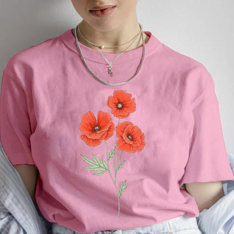 Fashion Red Poppy Flower Unisex T Shirt Funny Tops Tee Female Short Sleeve Tshirt Harajuku Tee Shirts Female Tee Girls Tshirts