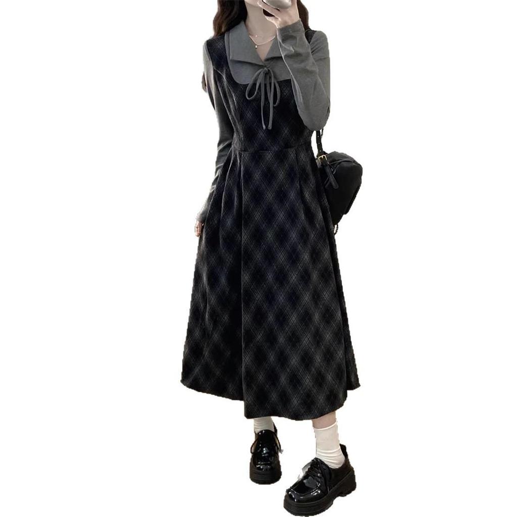 Plus Size Plaid Two-Piece Look Dress - Spring 2026 Slimming Long-Sleeved Waist-Cinched Skirt for Women