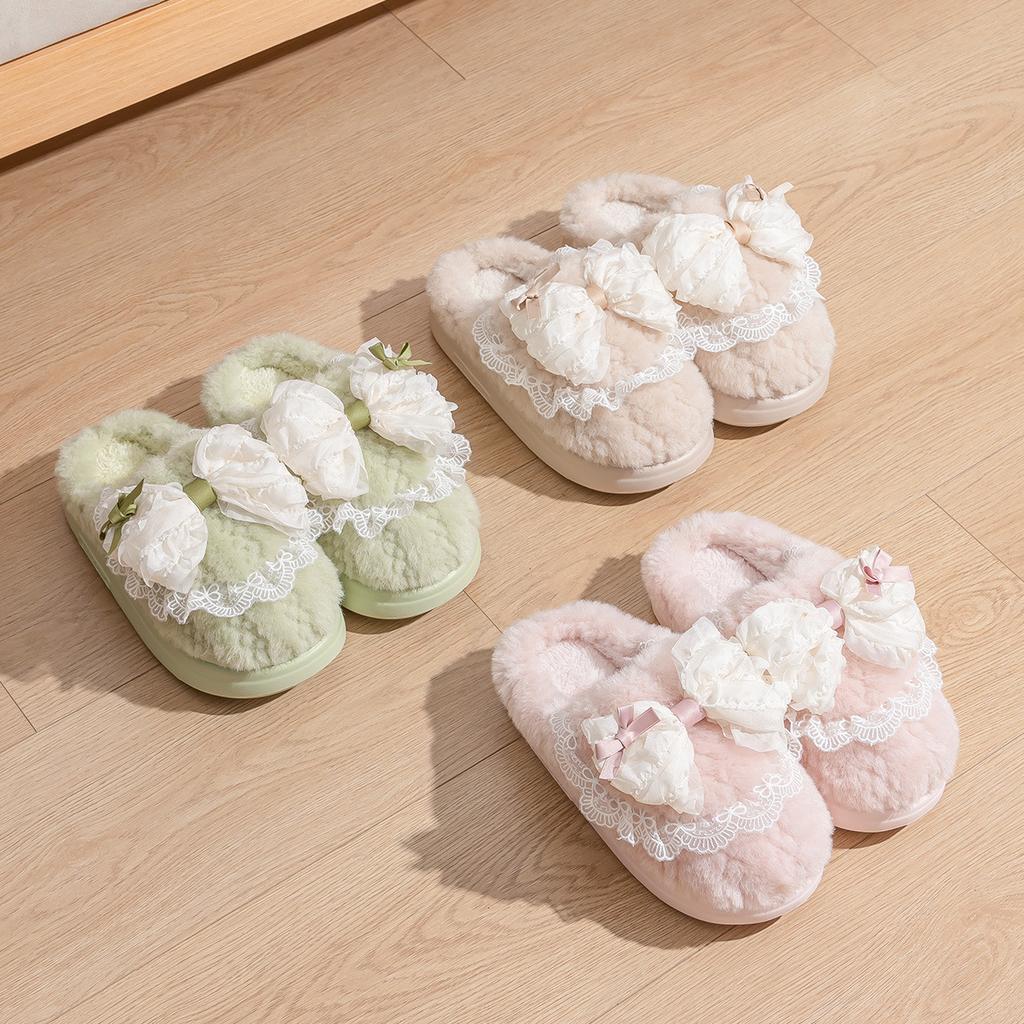 Schleife Baumwollpantoffeln warm Indoor Baumwollmopp Hausgebrauch rutschfest weiche Sohle flauschige Pantoffeln Herbst und Winter