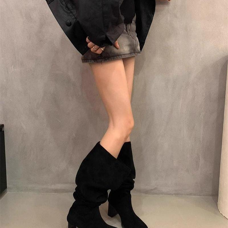 Semišové khaki stohovací kozačky dámské podzim a zima 2025 nové francouzské módní super tenké kozačky kozačky na vysokém podpatku