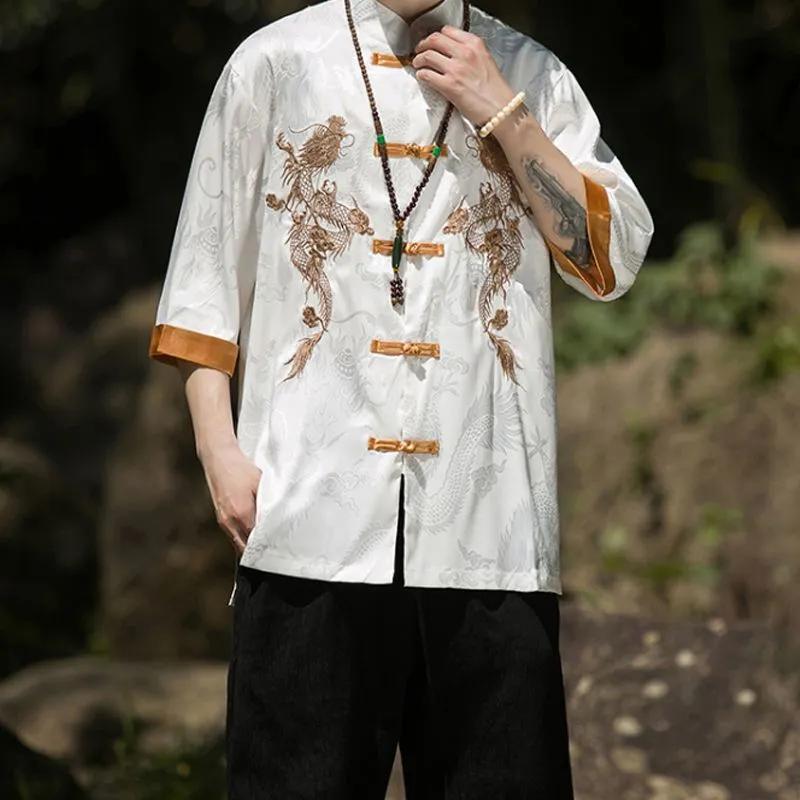 Мужская летняя дышащая рубашка с коротким рукавом, винтажным принтом и традиционной китайской пуговицей-застежкой 3XL белый