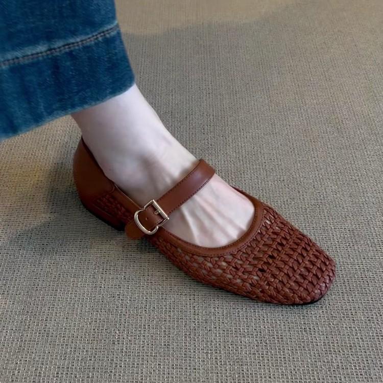 Lan Cabinet Edition~ Niche Hollow Retro Woven One-word Belt Single Shoes Women's 2025 Summer New Flat-bottomed Mary Jane Shoes