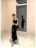 Women's Black Floral Backless Halter Maxi Dress - Slim Fit & Waist-Cinching, Figure-Flattering Bodycon Design with Summer Slit.