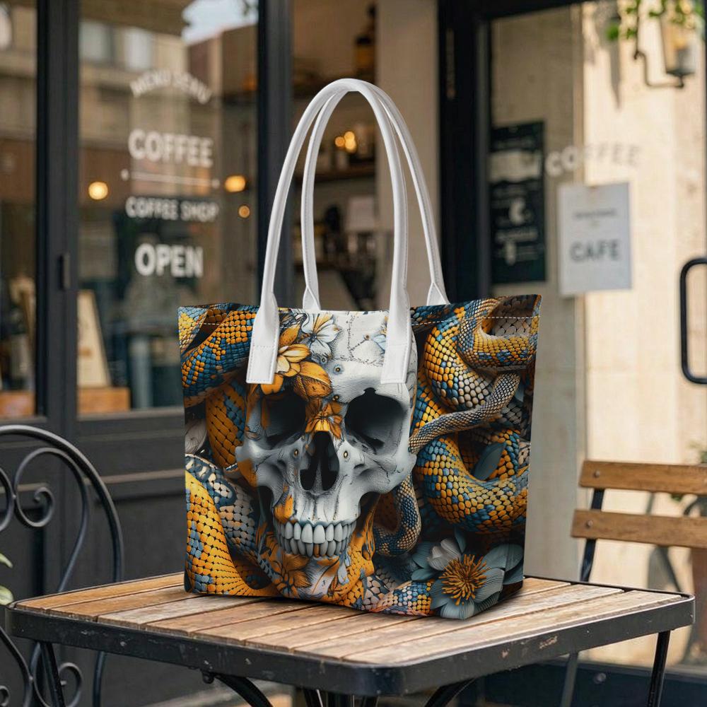 Skull Snake Pattern Tote Bag Unique Fashion Shoulder Bag for Daily Use