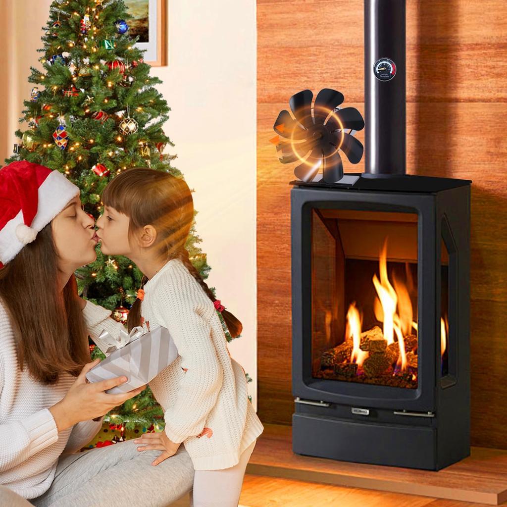Tomersun Wood Stove Fan Heat Powered 8-Blade Stove Fan, Fireplace Fan for Wood Burning Stove/Pellet/Log Burner, w/Stove Accessories Thermometer &