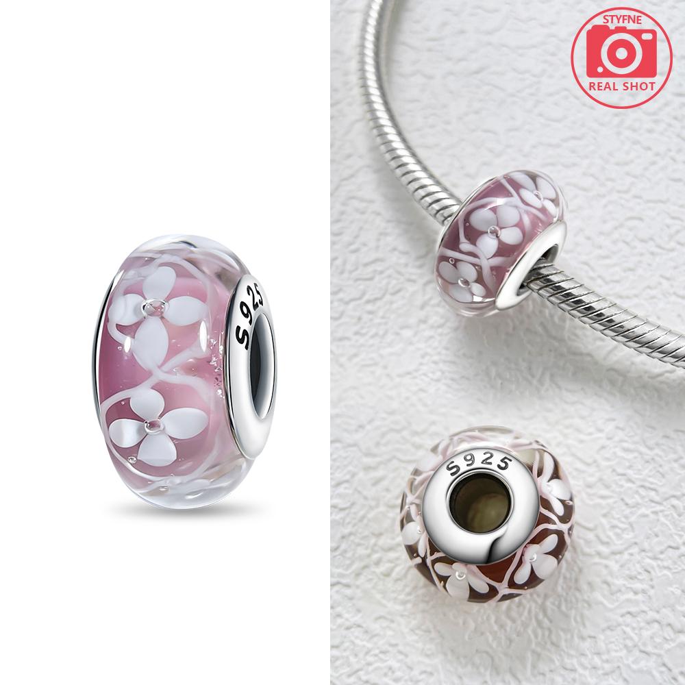 Pink Flowers Murano Original Glass Beads Copper Colors For Charms Copper Colors Original Bracelet For Jewelry Making
