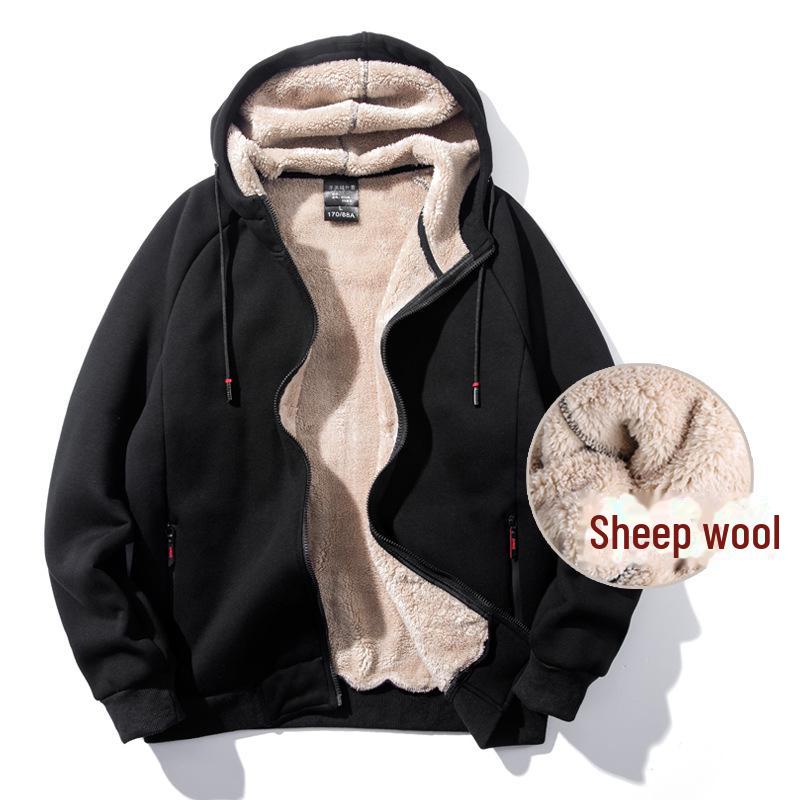 Men's Plush Lamb Fleece Hooded Sweatshirt - Thick, Loose, Warm Cardigan for Autumn and Winter Sports Leisure