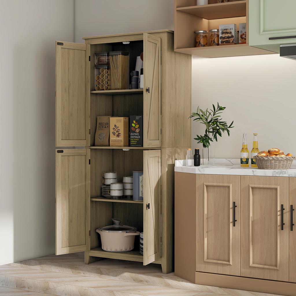 4-Door Kitchen Cabinet with Adjustable Shelves and Raised Base in Wood 80x40x182cm