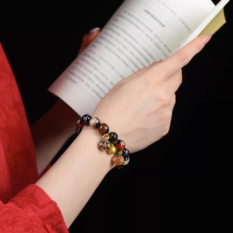 Multicolored Incense Ash Glazed Handcrafted Beaded Bracelet with Swallowing Gold Beast Design for Five-Color Benming Year