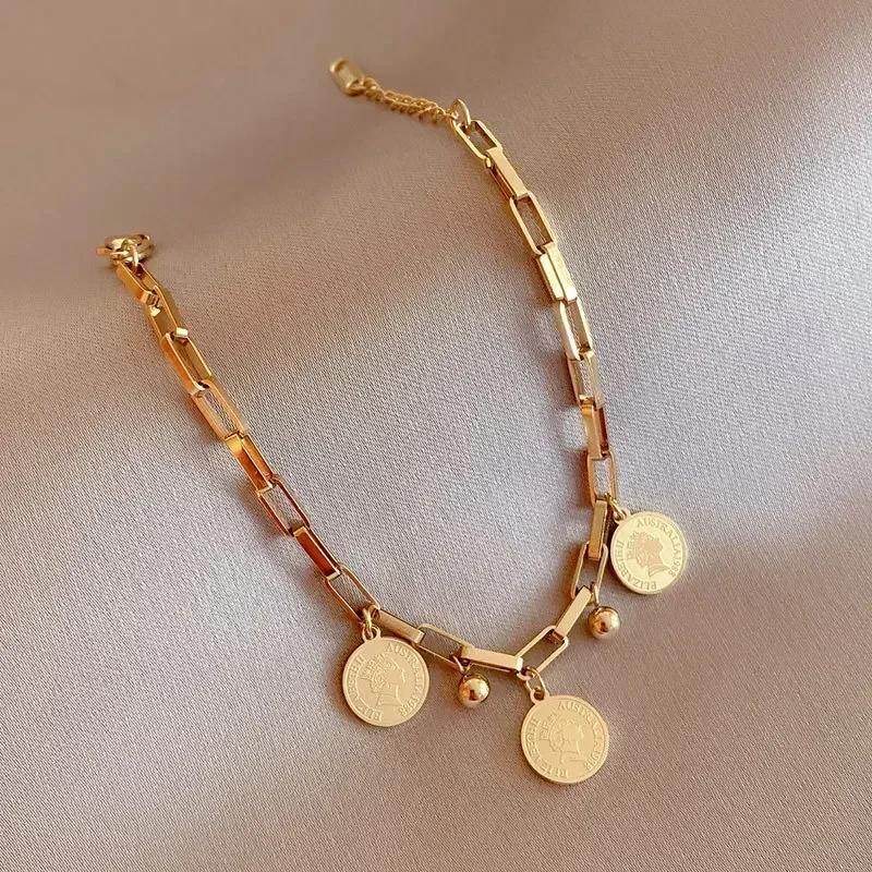 1PCS Gold-color Bracelet Ladies Hip Hop Style Stainless Steel Round Sign Portrait Pendant Wide Cross Chain Jewelry Accessories
