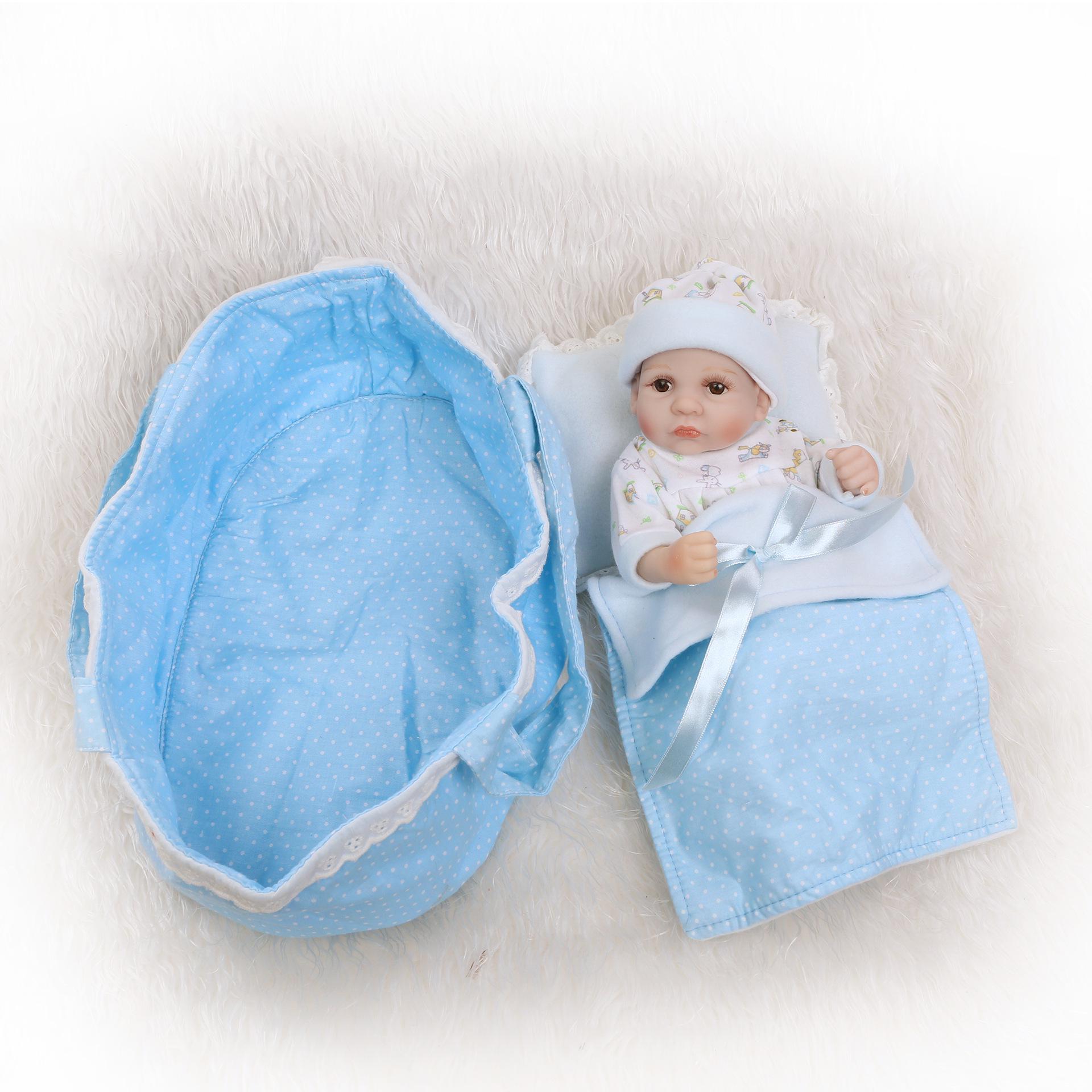 Realistic Silicone Baby Doll with Blue Sleeping Bag for Role-Playing 27 cm