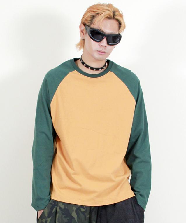 Deumakeu Raglan Color Block Unifarben Langarm T-Shirt Khaki & Senf