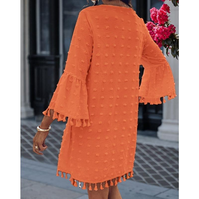 JKASHDK Mode femme été printemps couleur unie imprimé manches 3/4 col en v taille ample robes décontractées