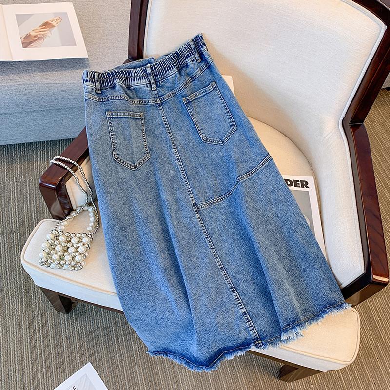 Plus Size Women's Spring Casual Denim Skirt Black Blue Slit Skirt Multiple Pockets Loose Comfortable Commuter Skirt Solid Color