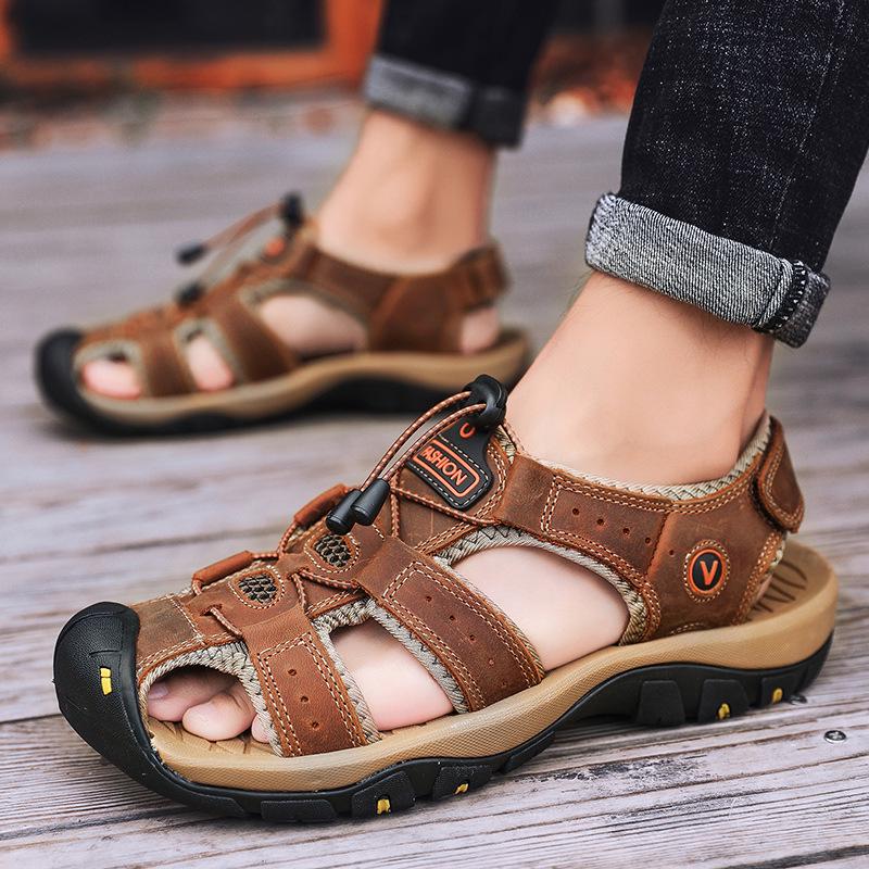 Men s Summer Beach Sandals: Breathable, Lightweight, Closed-Toe Cowhide with Non-Slip Velcro. 43