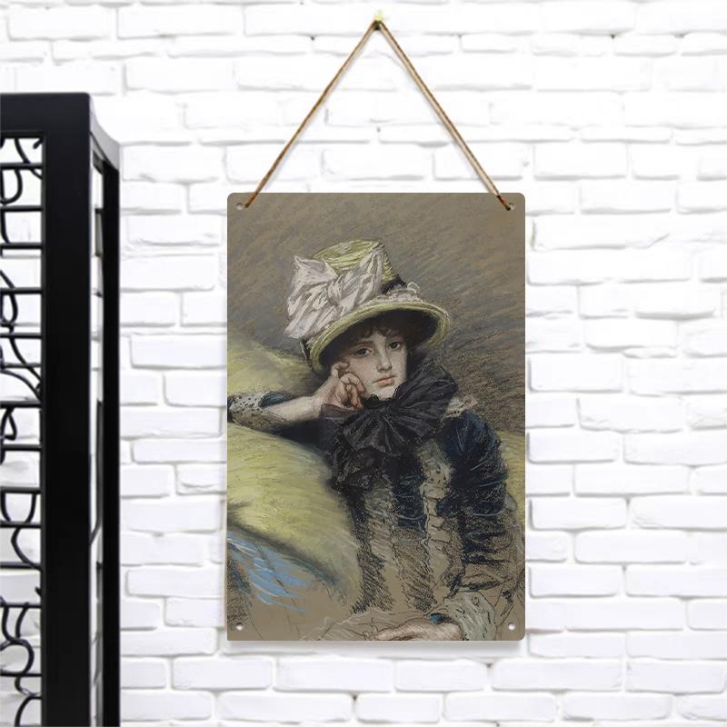

Vintage Girl Contemplative Handpainted Iron Art Wall Decor European Retro Style Living Room Study Mural Painting 7.9x11.8In(20x30cm)