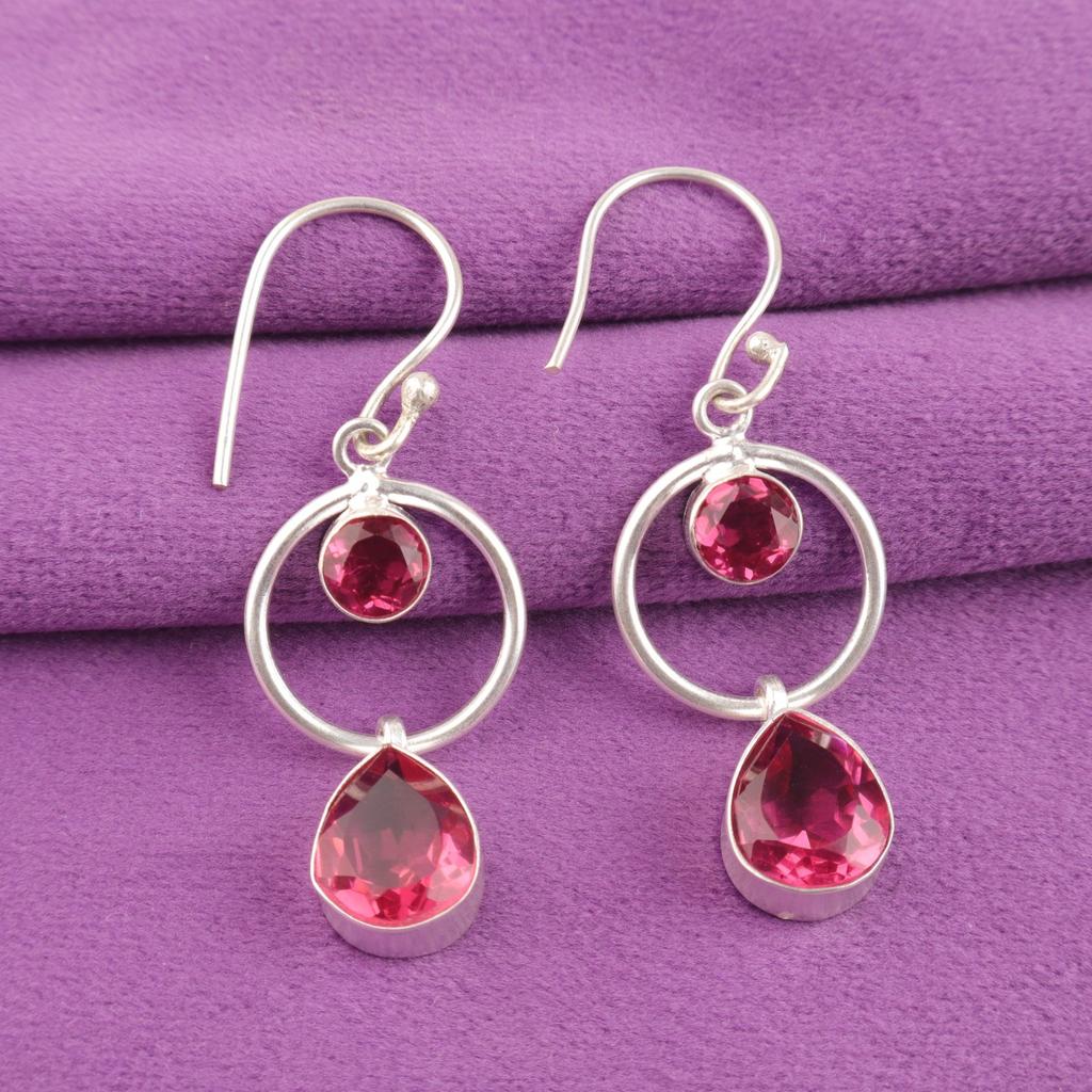 Pear Pink Tourmaline Stone 925 Sterling Silver Hook Wedding Dangle Drop Earrings EE-140-12