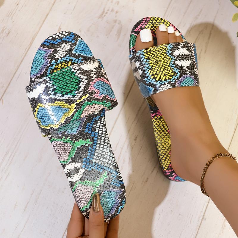 Sexy Farbige Schlangenmuster Zehenspitzen-Slipper Damen 2025 Sommer Flache Absätze Nationale Schuhe Damen Anti-Rutsch-Slipper zum Hineinschlüpfen