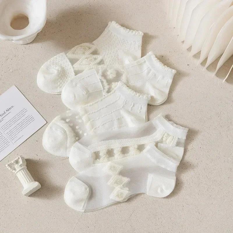 1/5 Pairs Summer Thin Section Short Women White Socks Low Tube Cool Socks Cute Print Ankle Foot Cover Fashion Transparent Sock