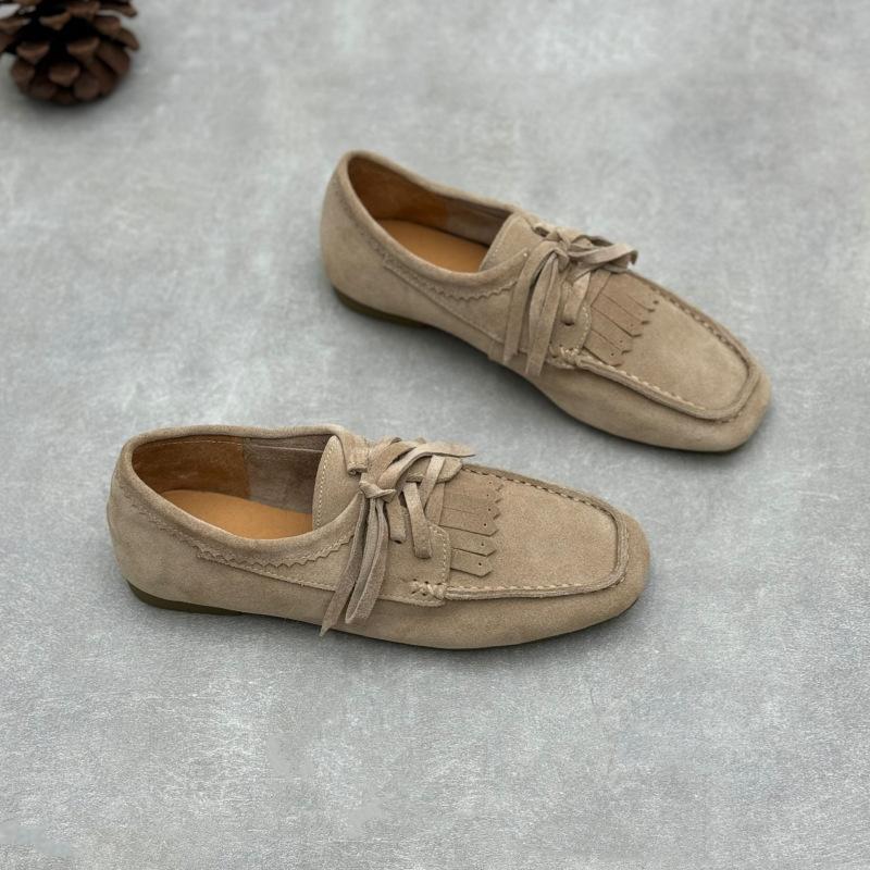 Ručně vyráběné dámské mokasíny z hovězí semišové kůže Čtvercový špička Ploché boty pro ženy Pohodlné Nízký nárt Měkká podrážka Dámské mokasíny