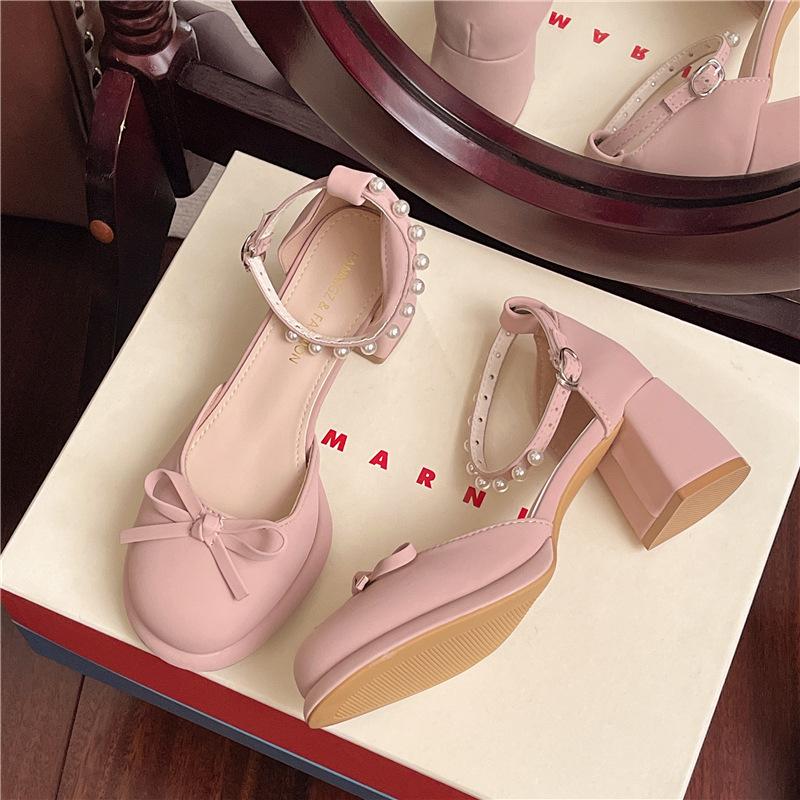 French sandals spring 2025 new popular new Chinese bow high heels temperament leather shoes fairy single shoes woman