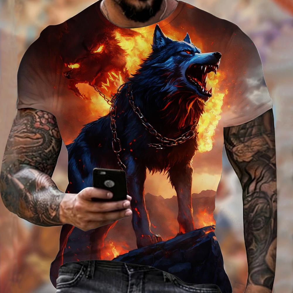 Summer Men's Lightweight Fitness Sports T-Shirt Cool Fire Wolf Graphic 3D Print Short Sleeve Casual Loose Streetwear Men's Tops