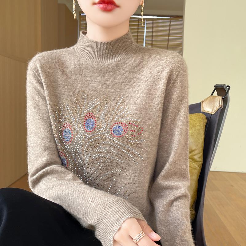 Autumn and Winter Pullover Sweater Women's Round Neck Knitted Bottoming Shirt Hot Drilling Slimming Sweater