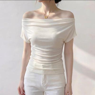 Sommer Ren Lyst Én Skulder Sort Kortærmet Dame T-shirt Koreansk Stil Slankende Top Afsløret Skulder Moderigtig