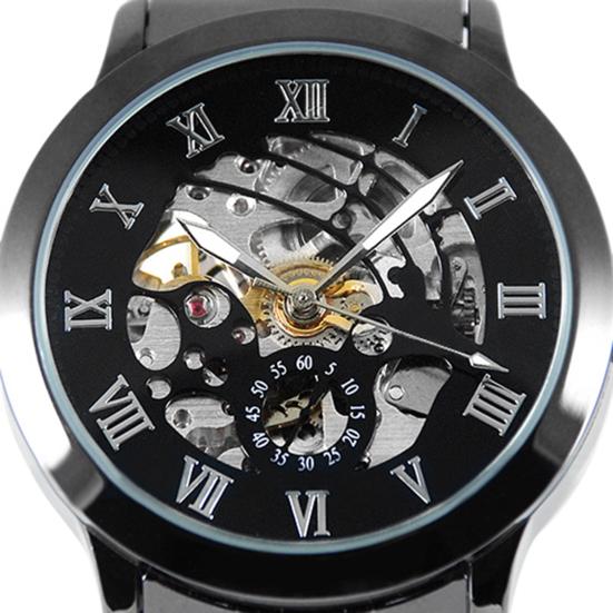Luxury Men's Roman Numerals Tungsten Steel Mechanical Skeleton Wrist Watch
