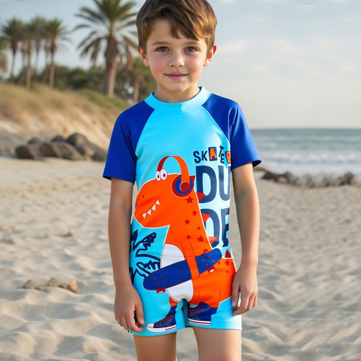 

2025 Cute Cartoon Boys One-Piece Swimsuit & Shorts for Kids - Short Sleeve, Conservative Design 6 Years