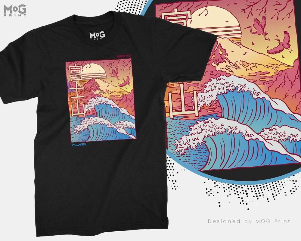 

Mount Fuji Great Kanagawa Wave Japan Painting T-shirt Japanese Art - Unisex Tee 4XL