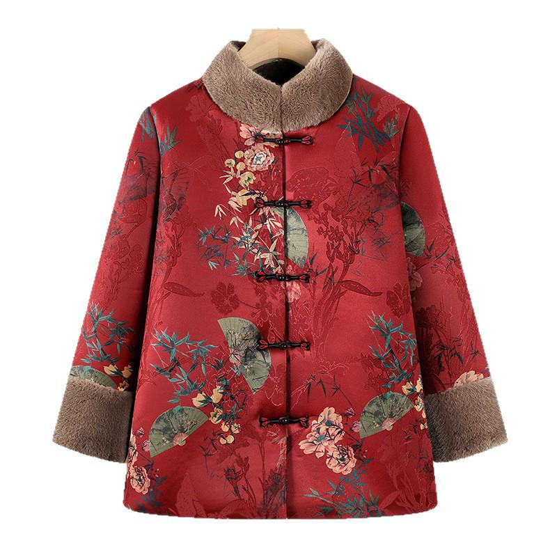 Stylish Velvet-Lined Winter Tang Suit Jacket for Elderly Women – Warm Cotton Cold-Protection Fashion