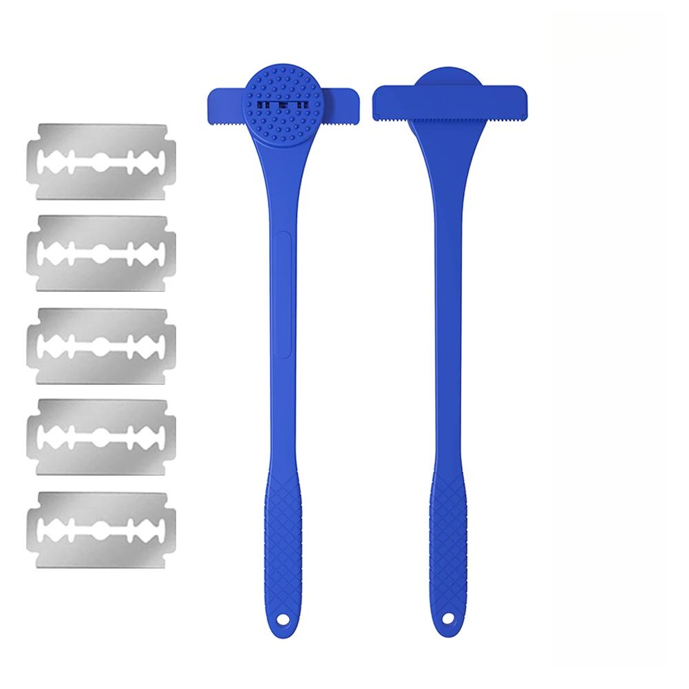 

Мужская бритва 2 в 1 для спины с длинной мягкой ручкой, бритвенный нож, нескользящий триммер для волос на спине для влажного и сухого бритья синий