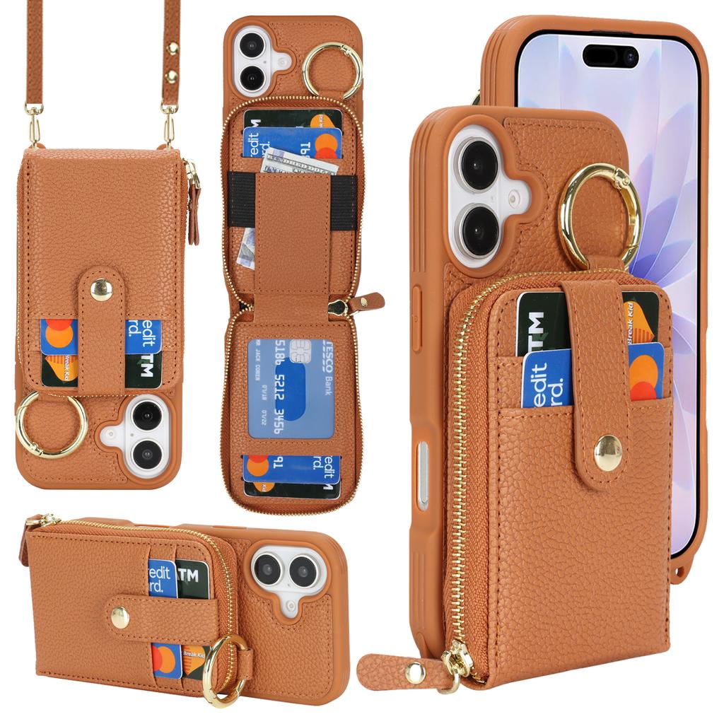 For iPhone 17 Case with Zipper Pouch / Ring Kickstand / Strap Litchi Texture PU + TPU Phone Cover
