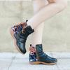 Ethnic Style Genuine Leather Printed Women's Shoes Retro Round Toe Thick Heel Soft Sole Pumps