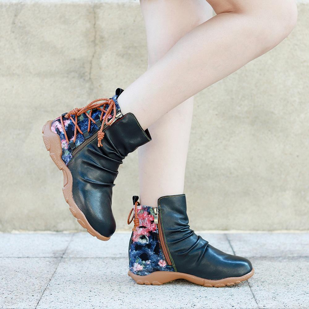 Ethnic Style Genuine Leather Printed Women's Shoes Retro Round Toe Thick Heel Soft Sole Pumps