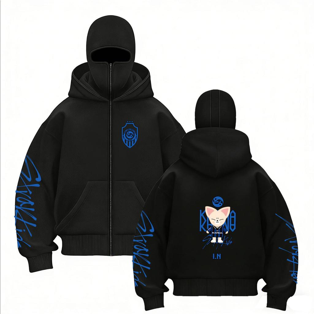 Stray Kids Skz Harajuku Printed Stray Kids Double Hood Zip-Up, Harajuku Print SKZ Hoodie for STAY Two-hat Zip-up Shirt for Men and Women